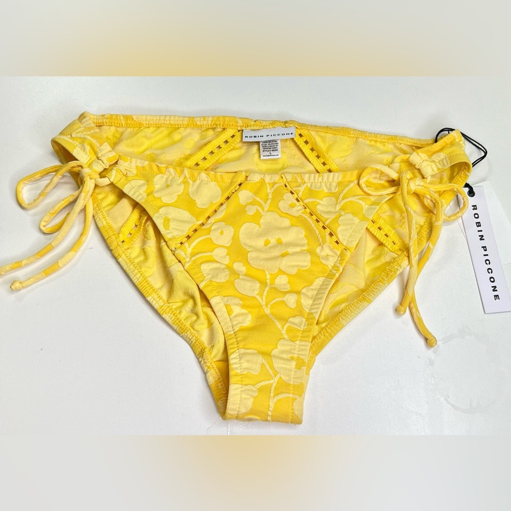 Robin Piccone Sadie Floral Bikini Bottom Side Tie Marigold Yellow New With Tags